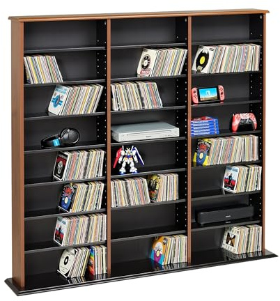 Prepac 3 Column Tall Storage Cabinet, Cherry & Black Storage Cabinet with 21 Adjustable Shelves Display DVD Perfect for Living Room, 8.75 D x 56 W x 51 H