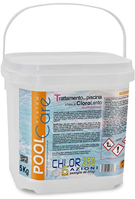POOL CARE Chlor 250 5 Azioni, Cloro Multiazione, in Pastiglie da 250 gr a Lenta Dissoluzione, per Piscina - 5 KG