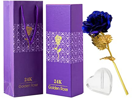 TINYOUTH Vergoldete Rose 24 Karat, Blau Golden Forever Rosen mit Geschenkbox & Ständer für Geburtstag Freundin Muttertag Hochzeit Weihnachten Jahrestag Erntedankfest