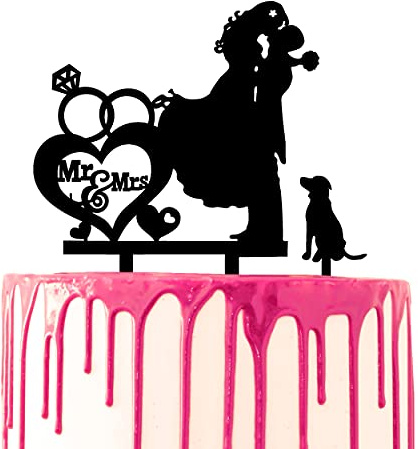 CARISPIBET wedding cake topper groom picks up bride and kisses her Mr & Mrs script by the side pet dog as optional piece
