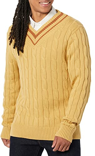 Amazon Essentials Hombre Jersey de Punto Trenzado y Cuello de Pico