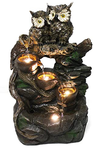 Gartenbrunnen Eule mit LED-Beleuchtung Springbrunnen Terrassenbrunnen Wasserspiel Zimmerbrunnen