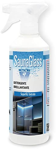 Metacril SaunaGlass, Detergente Brillantante per Superfici in Vetro, 500ml | ideale per le Superfici in Vetro di Saune e Bagno Turco. Autoasciugante.