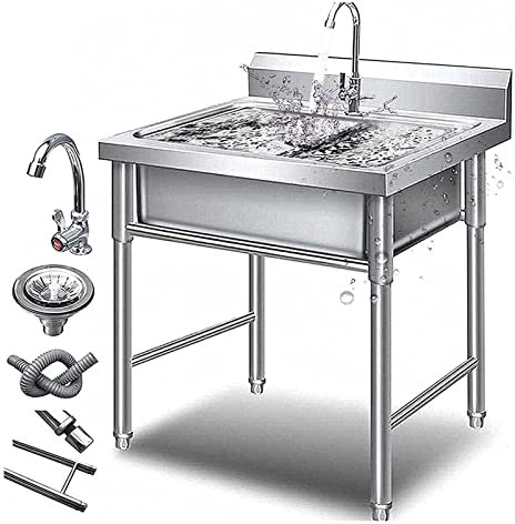 RTYHN Fregadero Comercial de Acero Inoxidable, Fregadero Cuadrado de un Solo Cuenco con Grifo Y Protector contra Salpicaduras, Fregadero Camping