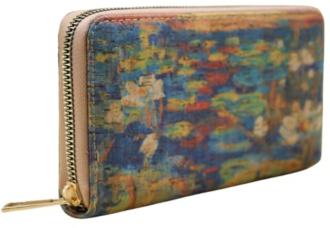 Elevanty Gedruckte Naturkork-Geldbörse, Damen-Geldbörse mit Reißverschluss, Kartenhalter und Geldbörse. Van Gogh Stil, braun