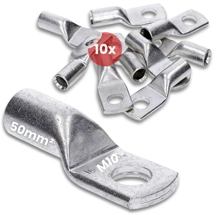 Kalitec 10x Rohrkabelschuhe 50mm² M10 - Kupfer Verzinkt Presskabelschuhe | DIN EN 13600 Standard Kabelschuh, Kabelquetschverbinder verzinnt, ohne Sichtloch, ideal für Solar, Kfz und Elektro-Handwerk