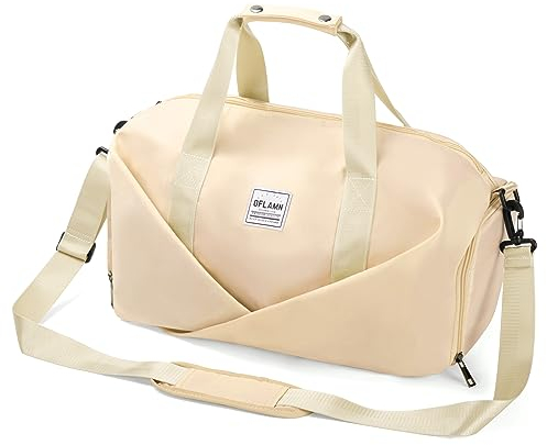 Oflamn Sporttasche für Damen und Herren, Reisetasche, Sporttasche, Turnbeutel mit Schuhfach & Nassfach & Trolleyhülle, Weekender Übernachtungstasche für Reisen, Fitnessstudio, Yoga, Krankenhaus, Beige