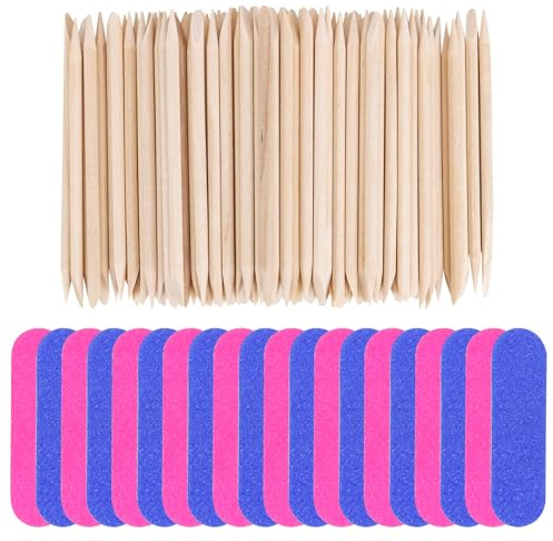 100 Stück Rosenholzstäbchen Maniküre, 20 Stück Mini Nagelfeilen 180/240 Grit, Nagelhautschieber Holz Sticks für Maniküre Kunst Pediküre Nagelhautpflege