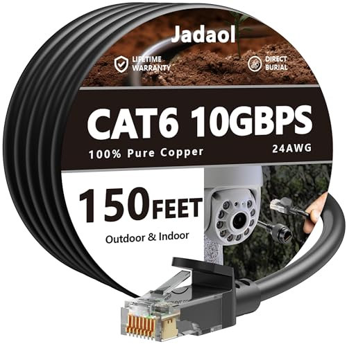 45,7 m Cat6 Ethernet-kabel för utomhusbruk, stöder Cat8 Cat7-nätverk, 10 Gbit/s, 24 AWG, ren koppar, robust, direkt nedgrävning, vattentät, UV-beständig, anslutningskabel