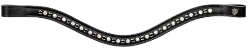 EQUESTRIAN QUEEN Genickstück – Profilierter Nackenriemen aus hochwertigem Leder mit 1-reihigen Strasssteinen, Größen (Pony/Cob/Full) (Schwarz/Schwarz/Silber, Full (Warmblut))