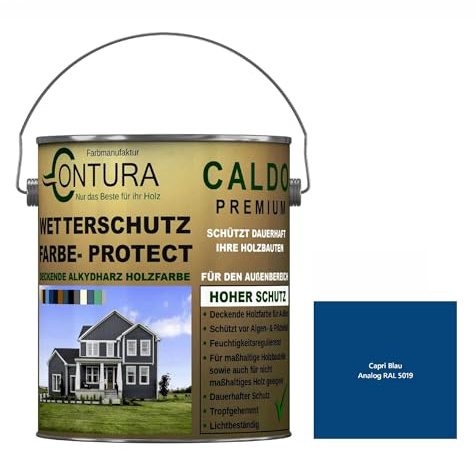 Contura Wetterschutzfarbe 500ml. Holz Dauerschutzfarbe Deckend Buntlack Holzfarbe Holzlasur Seidenmatt (Capri Blau - RAL 5019 Analog)