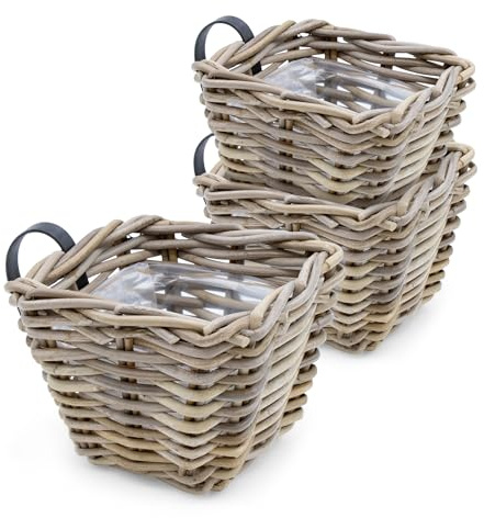 Set de 3 maceteros de ratán natural para balcón - 15 x 15 cm - Cesta de mimbre con soporte - Macetero para colgar en barandillas de balcón, jardín, macetero de flores, macetero de plantación