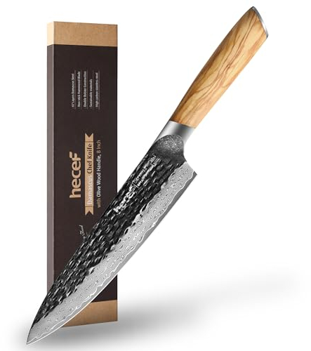 hecef Unlock Chef-Level Skills with The Professional Chef Knife - Ultra Sharp Damascus Steel 67 Layer Blade, Ergonomic Olive Wood Handle