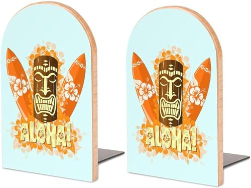Aloha Tiki Surfbretter, 2 Buchstützen, robuste Holz-Buchstützen für Regale, um Bücher zu halten, stabile, rutschfeste dekorative Buchhalter für Büro, Zuhause, Küche, Bibliothek