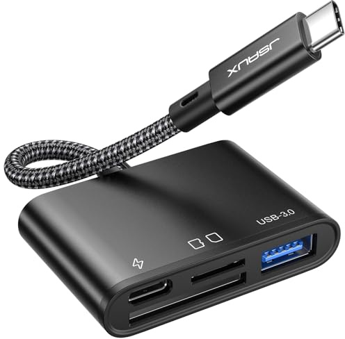 JSAUX USB C SD Kartenleser mit USB 3.0 Port & Ladeanschluss | 4-in-1 Micro SD Card Reader | Kompatibel mit iPhone 15/15 Pro Max/ 15 Pro/15 Plus, iPad Pro, MacBook Pro/Air, Galaxy S8 auf S24 -Schwarz