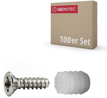 Gedotec Befestigungsschrauben und Dübel | 8 mm Bohr-Ø | 100 Stück | 3,5 x 12 mm Schrauben und 10,8 mm Dübel aus Kunststoff | Topfscharnierbefestigung Möbel, Stangenscharnier, Türscharnier