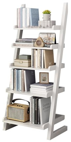 YVYKFZD Ladder Bookshelf Tower, 5 Tier Wood Bookcase, Floor Standing Display Storage Rack, Open Corner Book Shelf Plant Flower Organizer, for Small Space(White)