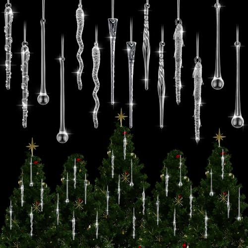 Vercraft 32 Stück Glas-Eiszapfen in Tropfenform für Weihnachtsbaum, Kristall, handgefertigt, klare Eiszapfen, hängende Eiszapfen, Winterdekoration für Weihnachten, Winterurlaub, Hochzeit