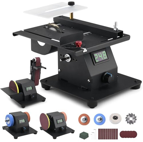 350W Mini Tischkreissäge mit 7-stufig einstellbarer, 0-90° Verstellbarer Bandschleifer mit 10 Schleifbänder, Doppelschleifmaschine, Multifunktionsgerät mit LED-Voltanzeige Geschwindigkeit