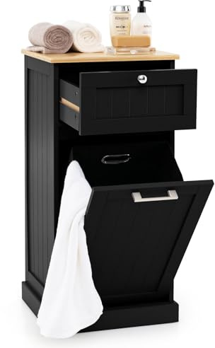 COSTWAY Laundry Cabinet, Tilt Out Laundry Hamper Bathroom Storage Cabinet with Drawer & Removable Clothes Bin, Freestanding Wooden Laundry Basket Dirty Clothes Chest Organiser Unit, 40x37x82cm (Black)