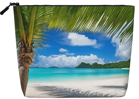 EZDLOWVBA Palm Trees and Clear Sea Print Palm Trees and Clear Sea Print Fake Hemp Makeup Bag â€“ Travel, and Daily Storage Essential â€“ Reusable Cosmetic Bag, Zipper Pouch, Make-Up Tool