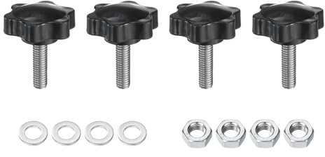 sourcing map 4pcs Star Clamping Knobs with Nuts Washers, M8 x 25mm Metric 304 Stainless Steel Male Thread 38mm 6-Star Plastic Head, Threaded Stud Hand Knobs Handles Thumb Screws, Black