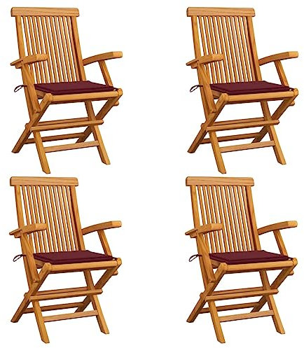 Xichuzi Gartenstühle mit Weinroten Kissen, Gartenmöbel, Balkonstühle, Hochlehner, Balkonmöbel, Bistrostuhl, Garten Stühle, Armlehnenstuhl, 4 STK. Massivholz Teak