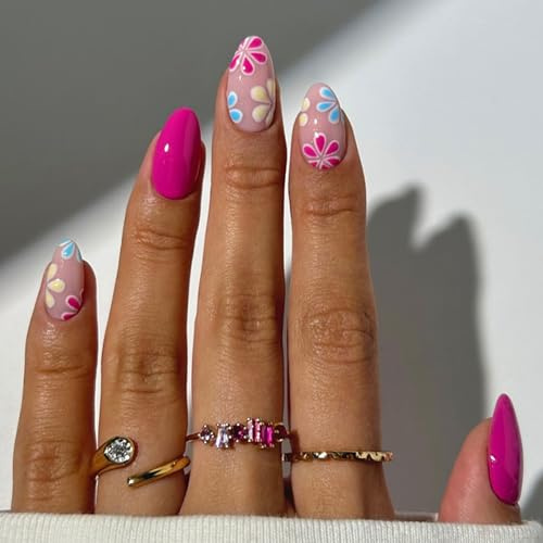 Noerrors 24 Stück kurze Mandel-Rosenrotes-Blumen-Design-Drucknägel in heißem Pink, für Frühling und Sommer, exquisite Klebe- und Stecknagel-Kunstmaniküre