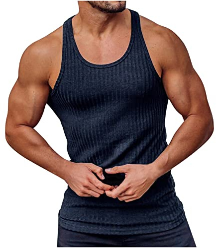 UHouse Tank Top Herren Tanktop Baumwolle Muskelshirt Slim Fit Achselshirt Stretch Unterhemd Sport Herren-Unterhemden Fitness Trägershirt Ärmellose Tshirt Große Größen Marineblau L