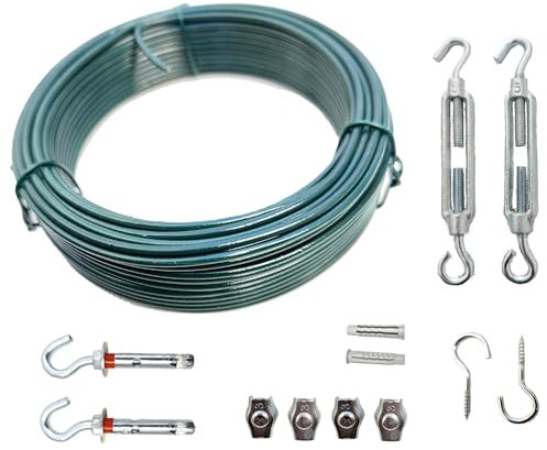 Quercos Spanndraht Set – 10m Bindedraht Grün Ummantelt mit Spannern & Metallankern – Ideal für Garten, Kletterpflanzen & Maschendraht Zäune – Witterungsbeständig & Flexibel