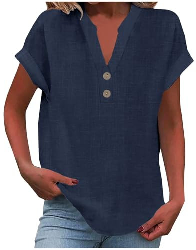 Women's Summer Cotton Linen Cap Sleeve T-Shirt Button Down V-Neck Loose Tunic Tops Fashionable Baggy Solid Color Plain Casual Shirts Trendy Lounge Blouses
