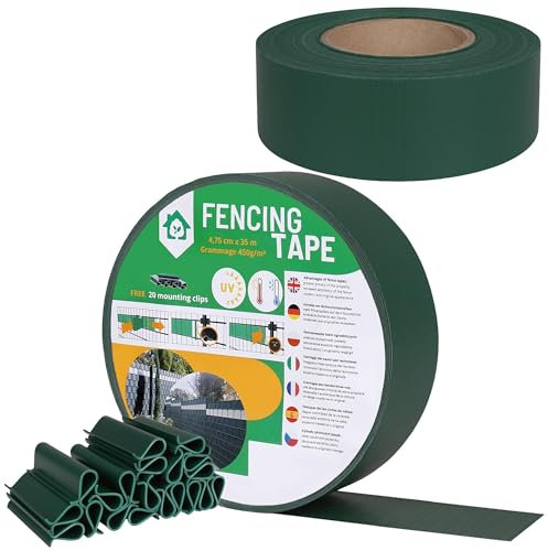 Bellushortus.eu Sichtschutzstreifen, Sichtschutz, Zaunfolie 35 m inkl. 20 Befestigungsclips 450g/m2, Windschutz, Doppelstabmatten für Gartenzaun (4,75 cm, Grün)