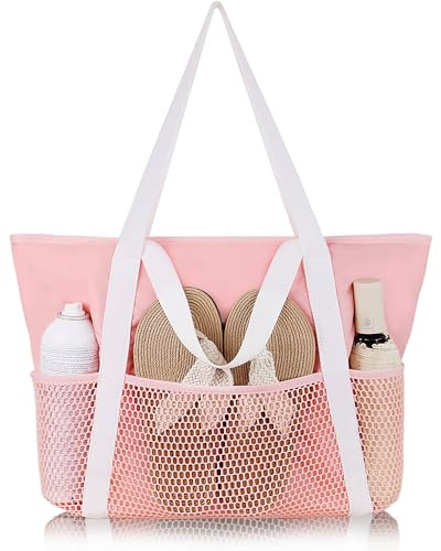 HOMESPON Strandväska för kvinnor med dragkedja stor vattentät nät simning väska familj vikbar strand tygväska shopper, ROSA, 25 EU, Utility