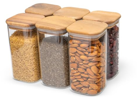 Navora® Vorratsgläser mit Deckel Akazienholz 6x800ml Set Luftdichte Vorratsdosen Glas Borosilikatglas Aufbewahrungsgläser Küche BPA frei Stapelbar Lebensmittelbehälter Speisekammer