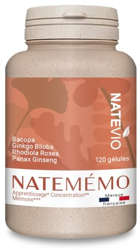 NATEVIO Natemémo – Mémoire & Concentration – Bacopa 500 mg, Ginkgo, Rhodiola, Ginseng – 120 Gélules Végétales – Complément Alimentaire Naturel - Sans Caféine - Made in France