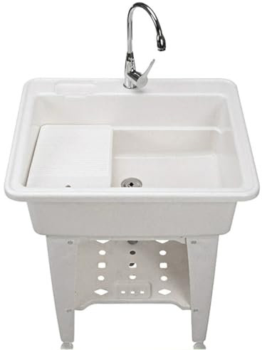 Lavandino Multifunzione in Plastica, Lavatoio da Esterno con Rubinetto in Acciaio Inox, Asse per Strofinare, Ripiano Portaoggetti, per Lavanderia, Cucina e Uso Esterno(White,80cm/31in)