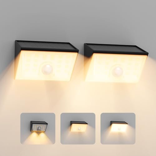 Smiling Shark WL-06 Lampada Solare da Esterno, 2 Pezzi Luce Solare LED Esterno con Sensore di Movimento 4 Modalità & 120° IP65 Impermeabile Applique Solare per Giardino Balcone, Bianco Caldo