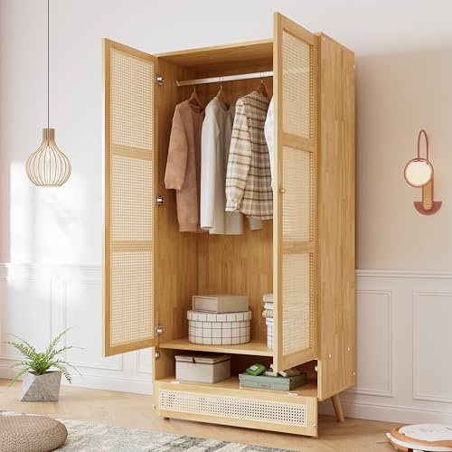 RIAZOS Kleiderschrank mit Stange, Doppeltüriger Design, Rattannetz, mit Klappschließfächer, Schlafzimmer, Wohnzimmer, Flurgarderobe, 90x45x183 cm, Natur