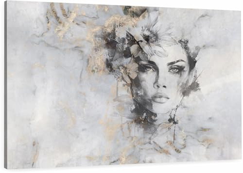 HUBDECO Leinwand Bilder Wohnzimmer - Bilder, Poster, Kunstdrucke - Leinwandbild - Bild auf Leinwand - Tolle Zimmerdekoration - Schlafzimmer Bilder - 120x80cm - Blumen Flowers Gesicht einer Frau Beton