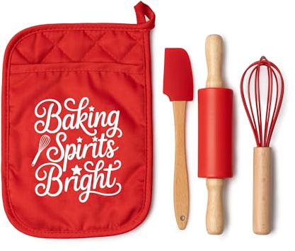 eBuyGB Children’s Christmas Baking Set, Kids Baking Tools with Rolling Pin, Whisk & Spatula, “Baking Spirits Bright” Red Gift Set, Mini Baking Utensils for Kids, Little Bakers Gift for Christmas