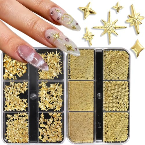CharmeFleur Appliques Métalliques Étoile Croix Strass Étoile Brillante pour Nail Art Clous Mélange de Clous Perles de Caviar Or Taille Décor Y2K pour Vernis en Gel