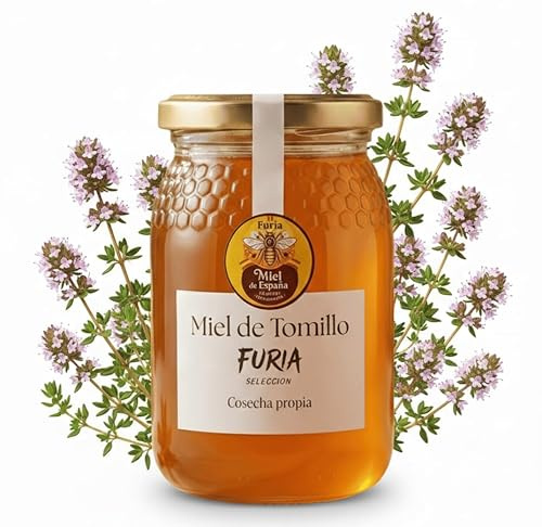 Miel de Tomillo Cruda 500g – 100% Miel Pura de Abeja, Sin Pasteurizar ni Filtrar – Cosecha Propia Ecológica Valenciana – Tarro de Cristal Reutilizable