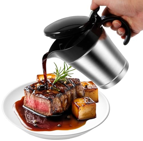 Thermo Sauciere 450 ml rostfritt stål såssierpanna dubbelväggig isolerad såsskanna med lock handtag såskanna termisk för såser salladsdressings buljong (svart)