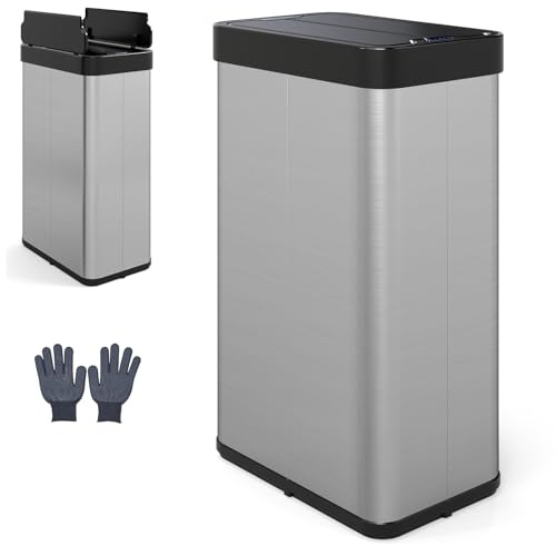 COSTWAY 50L/60L Automatic Kitchen Bin, Touchless Infrared Motion Sensor Waste Bin with Soft Closure Lid, Anti-Fingerprint Stainless Steel Smart Garbage Trash Can for Home Office (Silver, 60L)