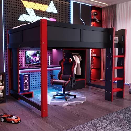 Merax Kinderbett Hochbett 140x200cm, Etagenbett mit Schreibtisch, LED-Beleuchtung, Leiter, Kleiderschrank, großen Schubladen, Jungenbett, Schwarz + Rot (Ohne Matratze)