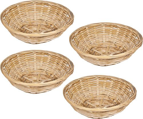 Set Of 4 Vintage Round Natural Bamboo Wicker Bread Basket Handmade Woven Storage Trinket Fruit Hamper Trays 20cm New