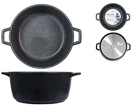 H&H Casseruola Alta Antiaderente Pietra 2 Manici Cm32 Pentole Cucina, Nero, 32 cm