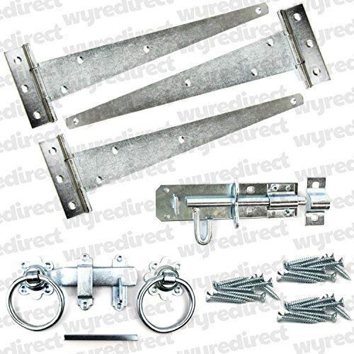 Wyre Direct® Gate Fitting Kit – 12 Heavy-Duty Hinge Set with Brenton Bolt & Ring Latch | BZP Zinc-Plated Gate Hardware for Wooden Gates | Includes 3 x Tee Hinges, Bolt, Latch & Fixings