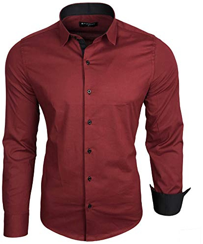 Baxboy Camicia da uomo a maniche lunghe, Slim Fit, facile da stirare, per lavoro, tempo libero, matrimonio/Con colletto Kent, modello B-500, Bordeaux, L