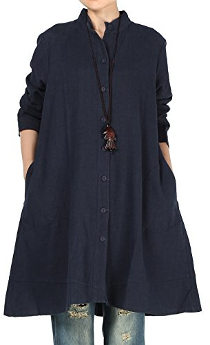 Vogstyle Chemise Robe Femme Blouse Chemisier Femme Longue Caseul Manches Longues Poches Latérales Marine Bleu XL